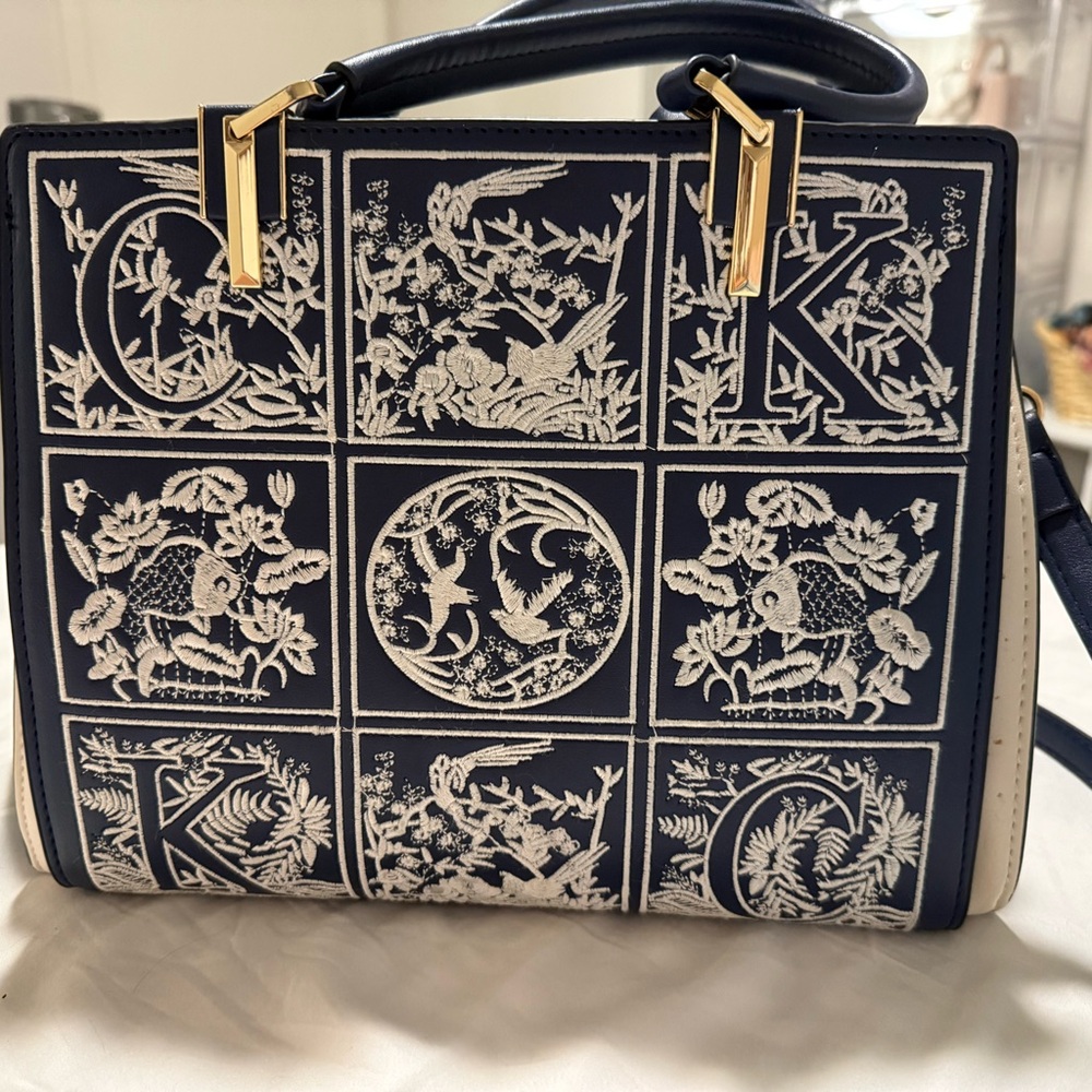 Calvin Klein Blue and White Embroidered Satchel